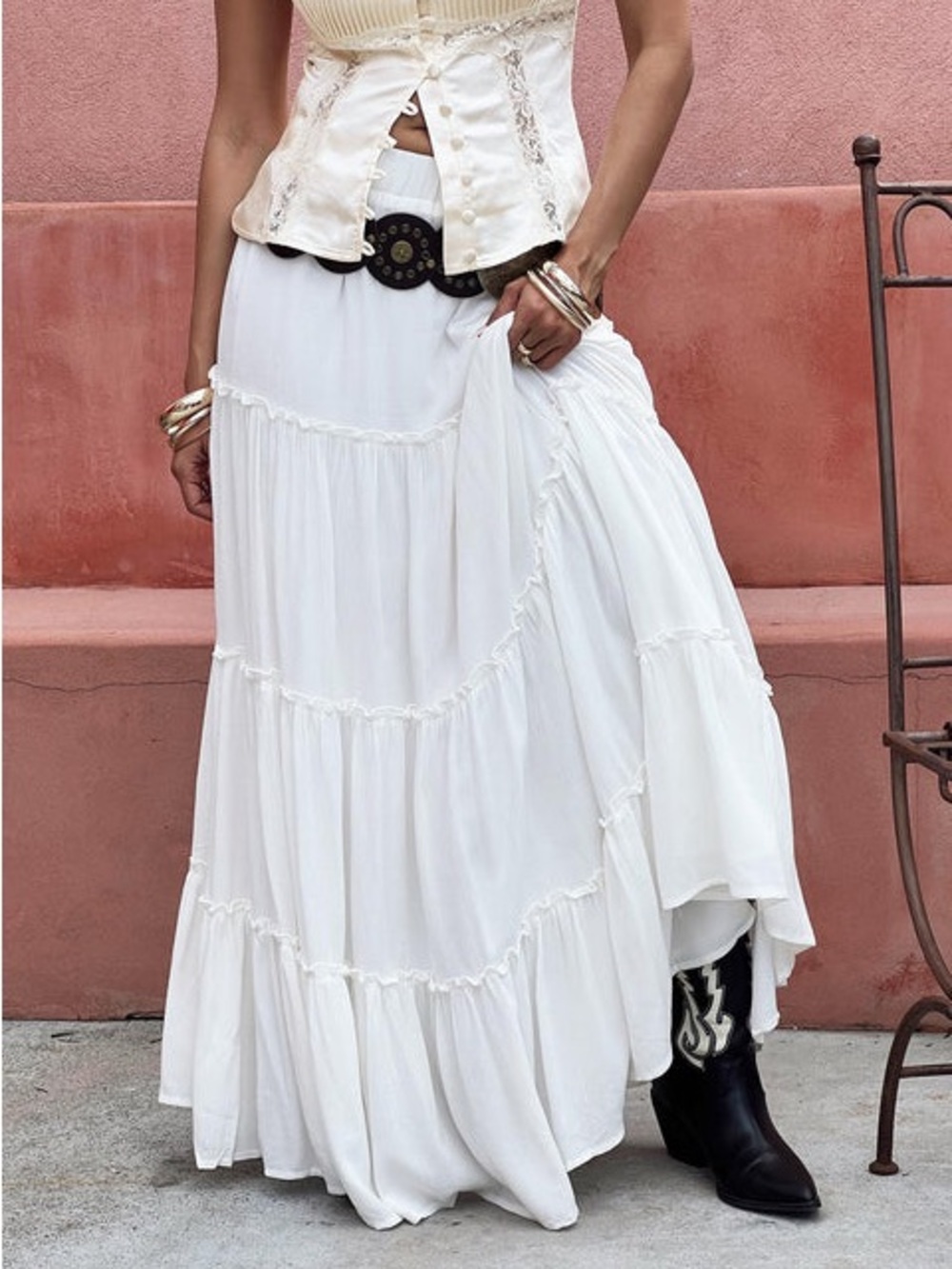 Boho Tiered Maxi Skirt - White